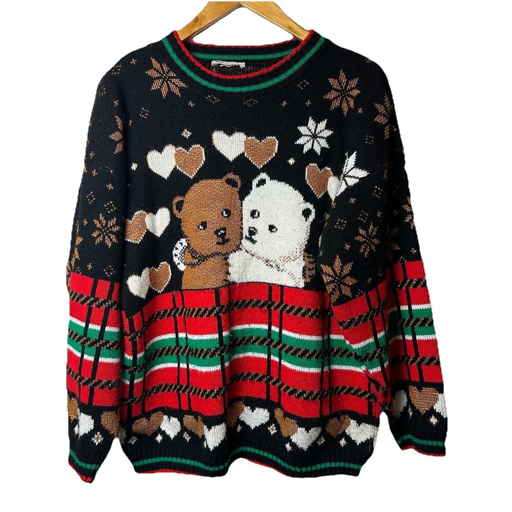 Vintage Christmas Sweater Fits M/L Plaid Bears Hugging Holiday Party